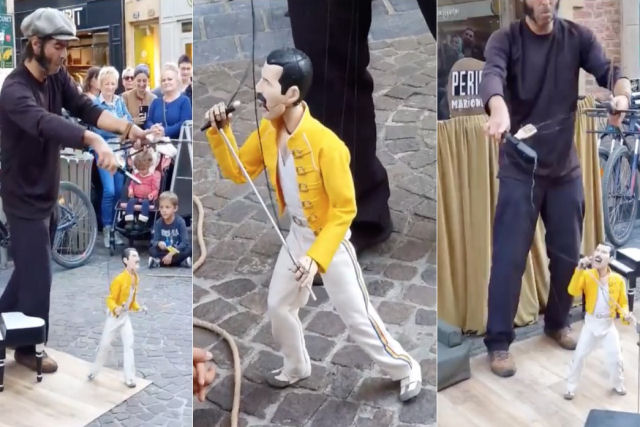 O espetacular show de rua de uma marionete de Freddie Mercury