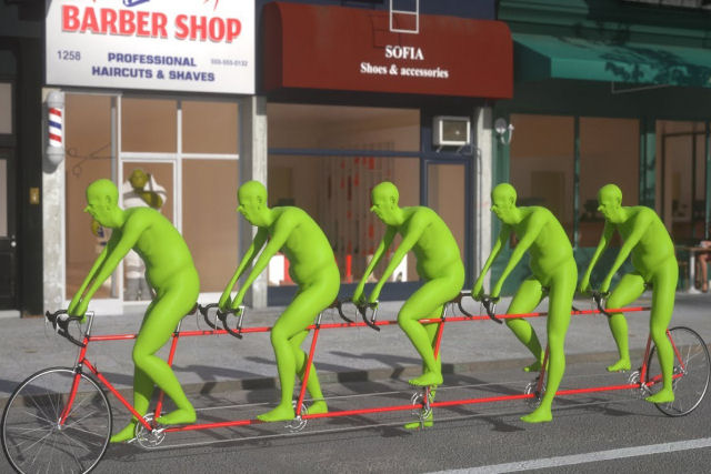 Uma curiosa renderizao 3D de 5 pessoas verdes em uma bicicleta tandem