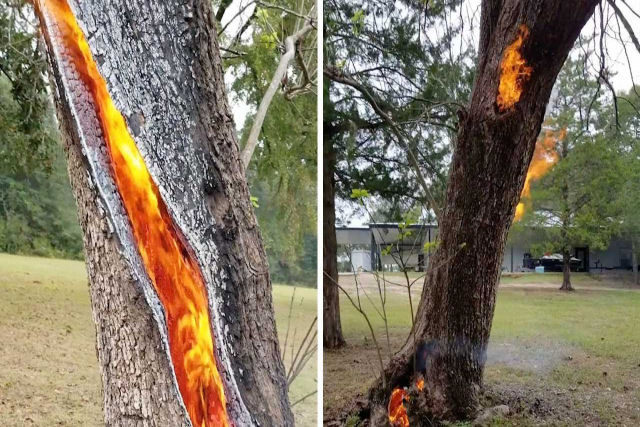 Tronco de rvore arde internamente depois de ser atingido por um raio