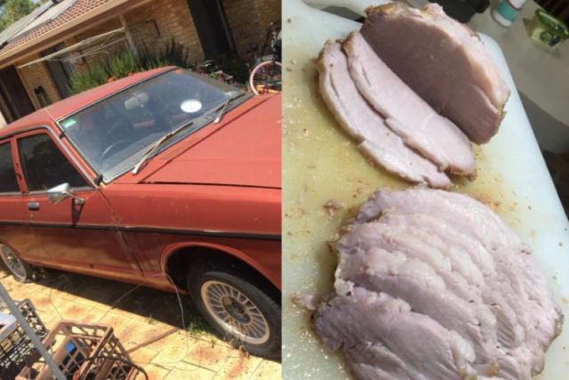 Australiano assou carne de porco dentro de carro em um dia quente escaldante