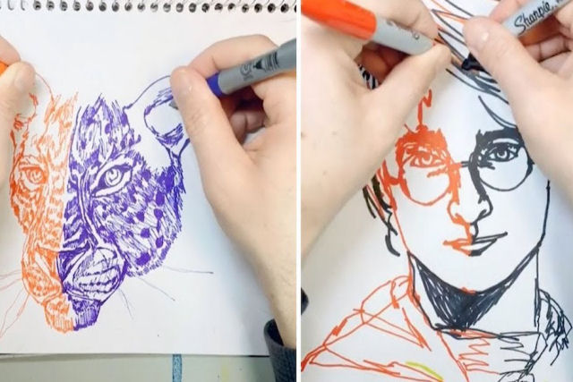 Artista ambidestro desenha retratos coloridos usando as duas mãos ao mesmo tempo