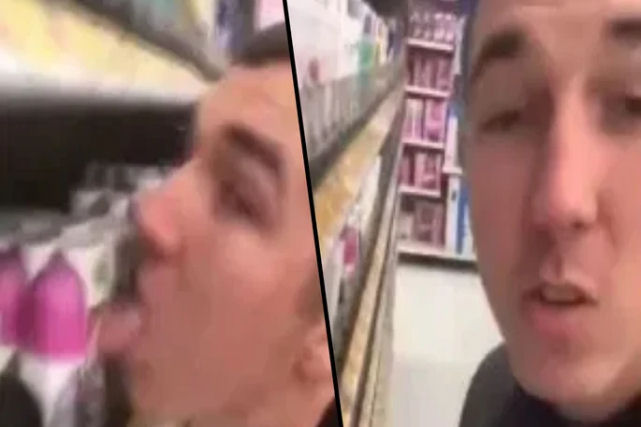 Jovem se filma lambendo uma prateleira de produtos do supermercado em meio a crise de coronavírus