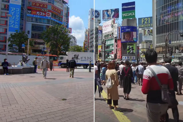 As ruas do distrito mais movimentado de Tquio, dantes e aps o coronavrus