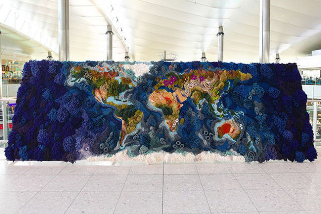 Tapete de 6 metros, feito à mão com lã reciclada, exibindo o mapa-múndi, é fantástico 