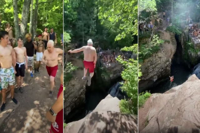 Senhor de 73 anos salta de um penhasco de 15 metros para a água e deixa os jovens em êxtase