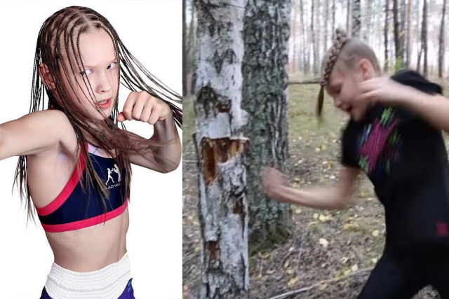 Esta menina russa quebra o tronco de uma árvore com socos
