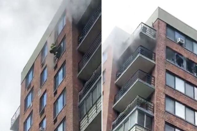 Bombeiro resgata uma mulher aferrada na janela do 16° andar depois de um incêndio