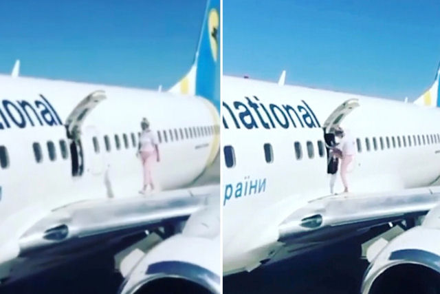 Mulher encalorada abriu a porta de emergência e foi se refrescar sobre a asa do avião