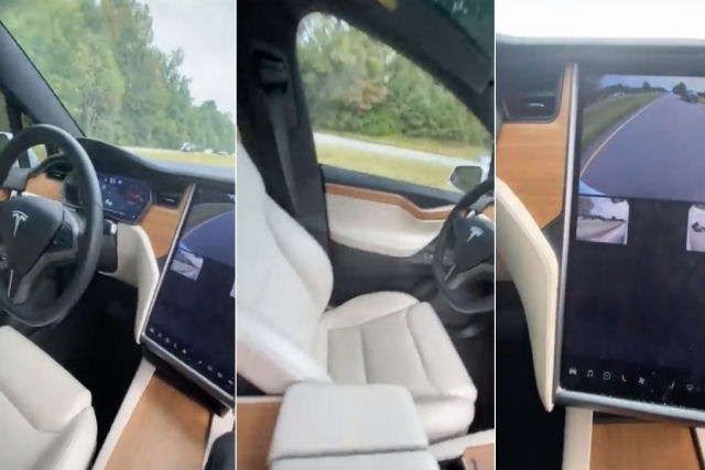 Sentado tranquilão no banco do passageiro, americano viaja por rodovia em seu novo Tesla sem motorista