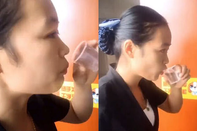 Zeladora chinesa bebe água do vaso sanitário para demonstrar sua devoção ao trabalho