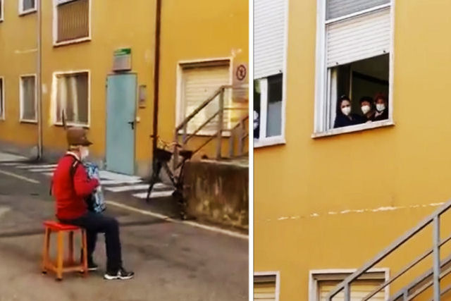 Italiano de 81 anos fez uma seresta na frente do hospital onde sua mulher está internada pelo coronavírus