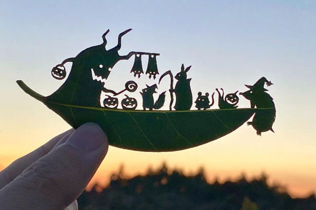 Artista japonês cria intrincadas cenas nas folhas de árvores