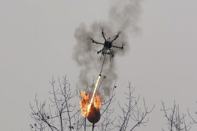 Um drone lança-chamas incinera ninhos de vespas na China