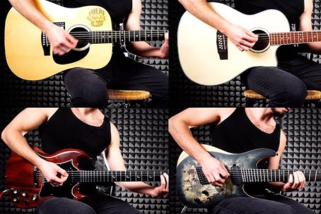 Músico apresenta uma música original para mostrar o som de diferentes violões e guitarras