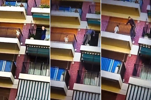 Zelador saltou ao balcão vizinho do quinto andar para resgatar uma criança esquecida por descuido