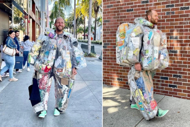 Ativista usa um traje personalizado que contém todo o lixo que ele gerou ao longo de um mês