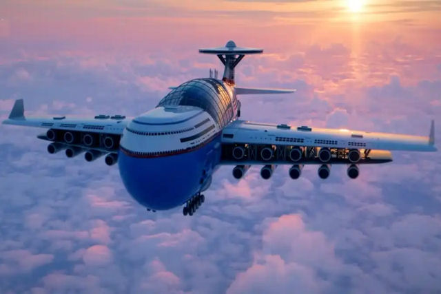 O design conceitual de um avião-hotel movido a fusão nuclear que pode permanecer no ar por anos
