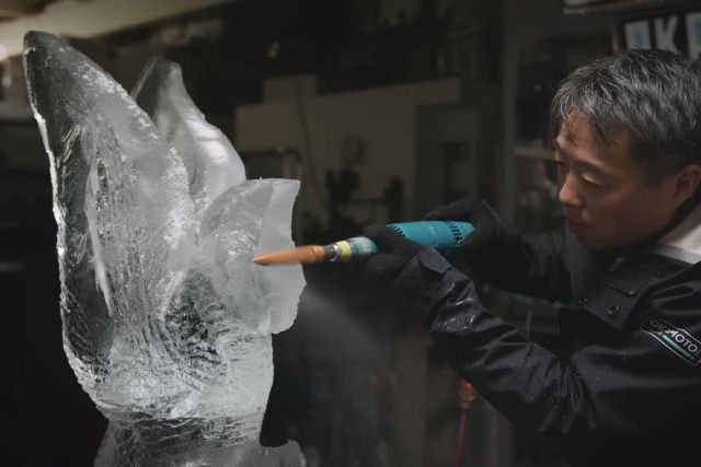 Artista esculpe intrincada escultura de cacatua em gelo