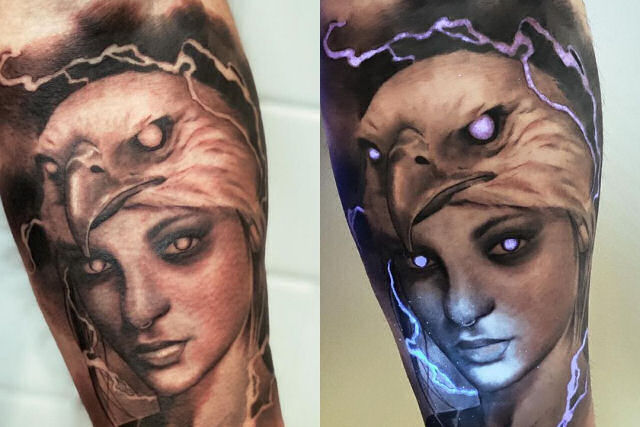 Incrveis tatuagens com tinta UV brilham sob a luz-negra