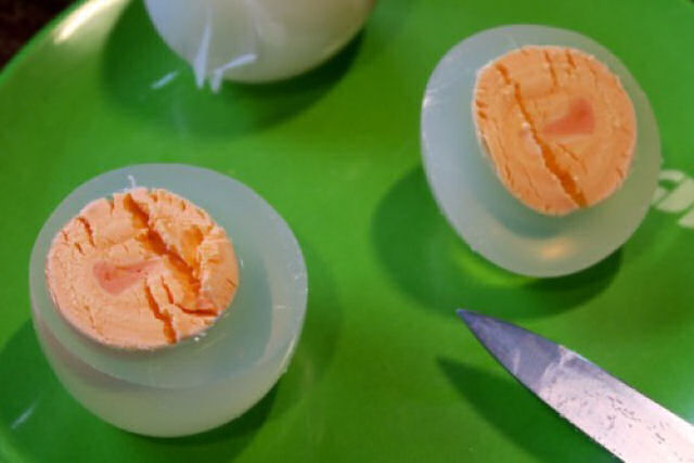 A clara dos ovos de pinguim cozidos so transparentes, caso voc esteja se perguntando