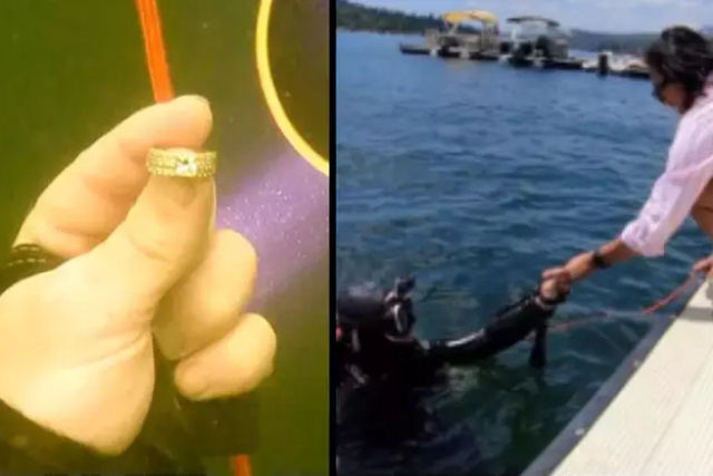 Mergulhador recupera aliana de casamento perdida de $ 9.500 no fundo de um lago
