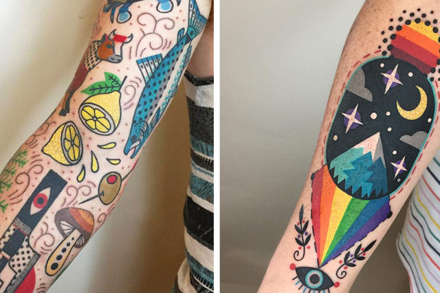 Tatuagens misturam gráficos psicodélicos com padrões amplamente coloridos inspirados nos anos 80