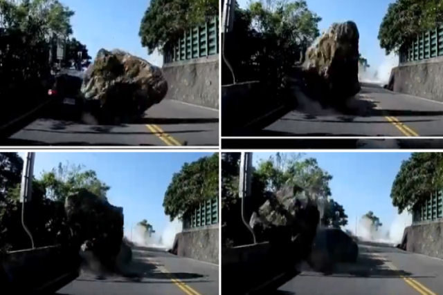 Pedra gigante atinge carro em vdeo de parar o corao feito durante terremoto em Taiwan