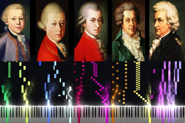 Oua a evoluo da msica de Mozart, composta dos 5 aos 35 anos