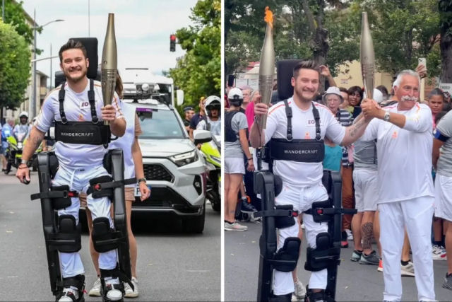 Tenista paraplgico anda ereto em um exoesqueleto para carregar a tocha olmpica