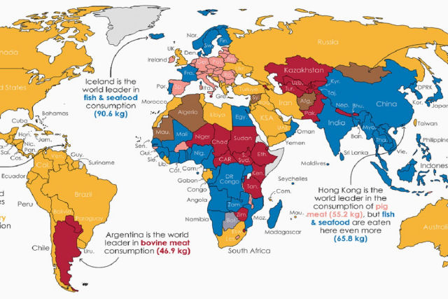 Os pases que mais e menos consomem carne no mundo, ilustrados em um mapa detalhado