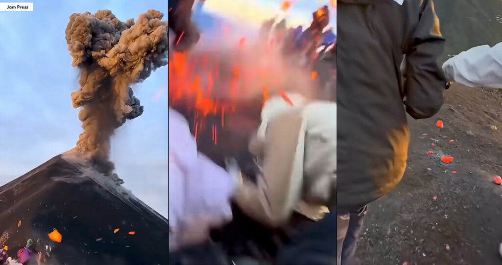 Turistas aterrorizados correm por suas vidas enquanto lava cai durante trilha em vulc�o