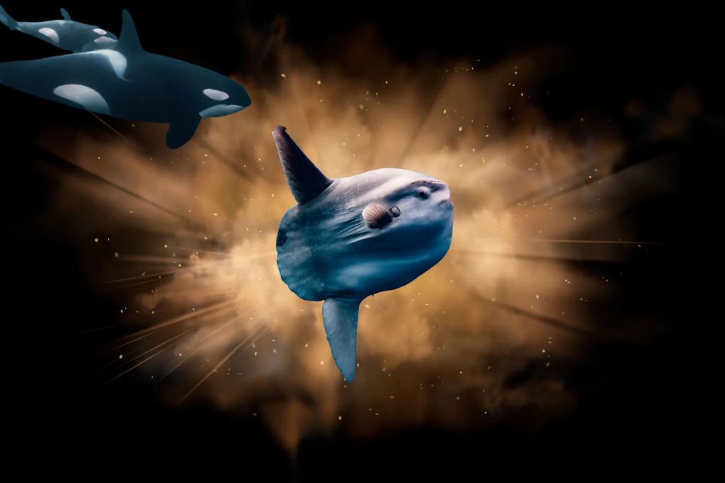 Uma orca segurou um peixe-lua pela cauda enquanto outra o esmagou em pedacinhos
