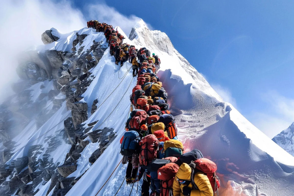 Vdeo mostra fila enorme de alpinistas esperando para chegar ao cume do Everest ontem