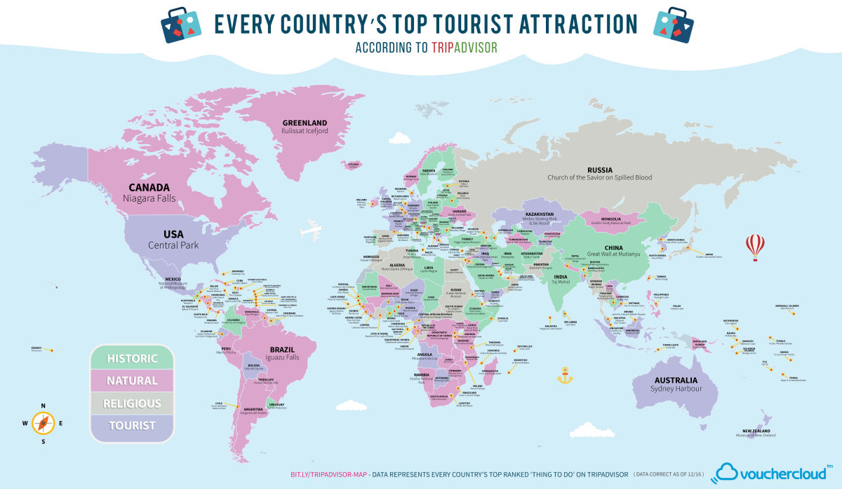 O mapa das melhores atraes tursticas de cada pas do mundo segundo os usurios de TripAdvisor